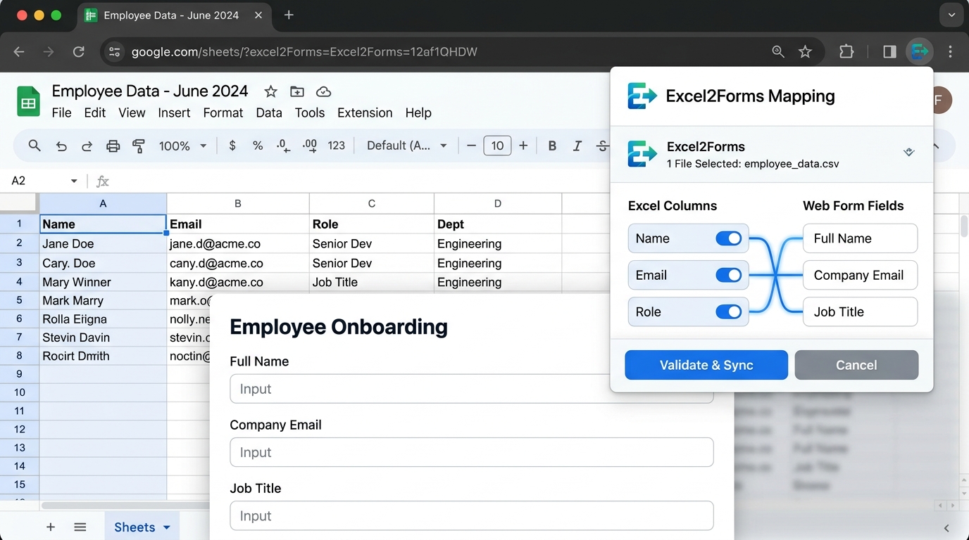 Mapeo visual de columnas de Excel a campos de formulario web con Excel2Forms