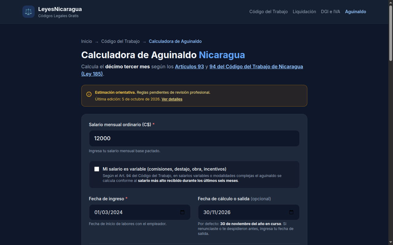 Captura de la Calculadora de Aguinaldo de Leyes de Nicaragua