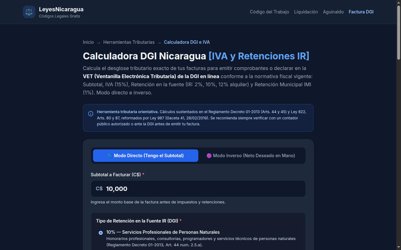 Captura de la Calculadora DGI e IVA con retenciones de Leyes de Nicaragua