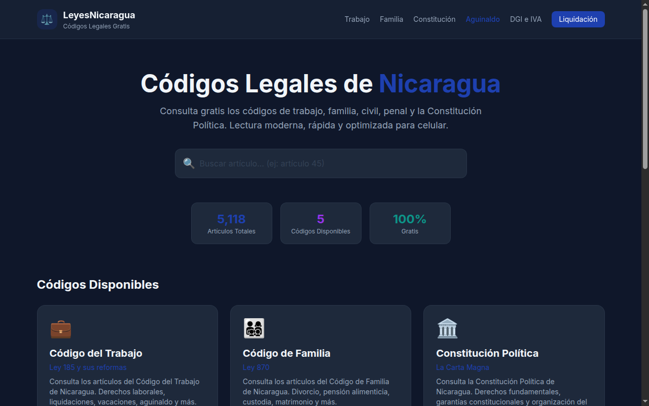 Captura de la página principal de Leyes de Nicaragua con buscador de artículos y listado de códigos