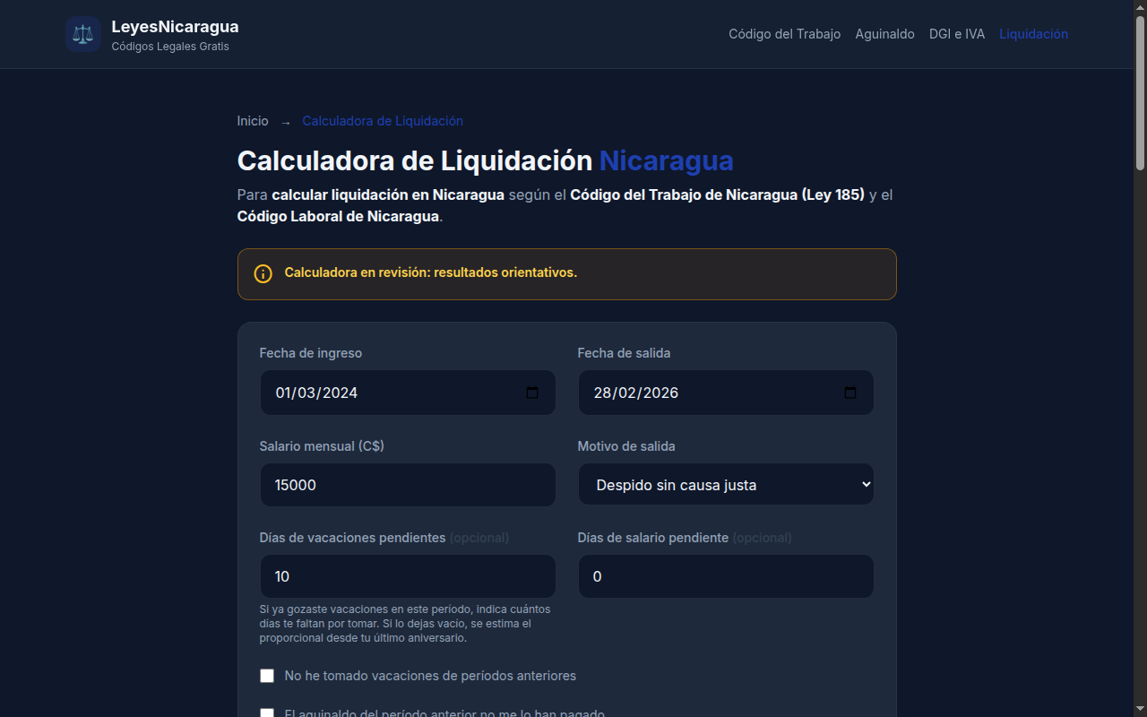 Captura de la Calculadora de Liquidación de Leyes de Nicaragua